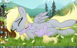 Size: 1680x1050 | Tagged: safe, derpy hooves, dinky hooves, pegasus, pony, cuddling, cute, derpabetes, desktop, diablo, equestria's best mother, eyes closed, female, grass, hug, mare, on side, smiling, snuggling, windows, windows 7