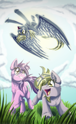 Size: 900x1455 | Tagged: safe, artist:inuhoshi-to-darkpen, amethyst star, derpy hooves, dinky hooves, sparkler, pegasus, pony, fanfic:the life and times of a winning pony, equestria's best mother, female, fluffy, flying, grin, happy, mare, open mouth, running, sky, smiling, spread wings, unshorn fetlocks, upside down, wink, winningverse