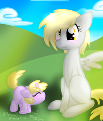 Size: 600x700 | Tagged: safe, artist:justagirlonline, derpy hooves, dinky hooves, pegasus, pony, blushing, equestria's best mother, female, field, mare, smiling