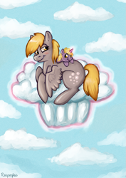 Size: 717x1011 | Tagged: safe, artist:reaperfox, derpy hooves, dinky hooves, pegasus, pony, cloud, cloudy, equestria's best mother, female, mare