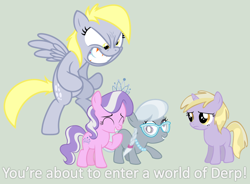 Size: 988x726 | Tagged: safe, artist:bronybyexception, derpy hooves, diamond tiara, dinky hooves, silver spoon, pegasus, pony, angry, caption, equestria's best mother, female, glasses, image macro, mare