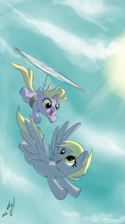 Size: 447x800 | Tagged: safe, artist:atryl, derpy hooves, dinky hooves, pegasus, pony, cute, duo, equestria's best mother, female, flying, flying contraption, mare, mother and child, mother and daughter, parent and child, propeller