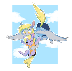 Size: 900x893 | Tagged: safe, artist:dogrot, derpy hooves, dinky hooves, anthro, carrying, equestria's best mother, flying