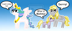 Size: 900x388 | Tagged: safe, artist:ladypixelheart, derpy hooves, dinky hooves, princess celestia, alicorn, pegasus, pony, derp, equestria's best mother, female, mare, watermark