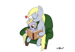 Size: 915x644 | Tagged: safe, artist:lunarapologist, derpy hooves, dinky hooves, pegasus, pony, equestria's best mother, female, kissing, mare, reading, where is my cow?