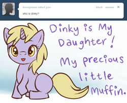 Size: 654x530 | Tagged: safe, derpy hooves, dinky hooves, pony, unicorn, :p, ask derpyhooves, cute, dinkabetes, equestria's best daughter, equestria's best mother, female, filly, implied derpy, offscreen character, solo, tongue out, tumblr