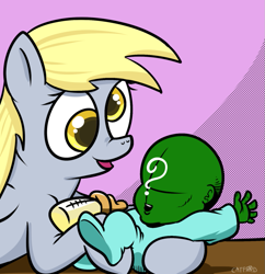 Size: 899x930 | Tagged: safe, artist:catfood-mcfly, derpy hooves, oc, oc:anon, human, /mlp/, 4chan, baby, baby bottle, equestria's best mother