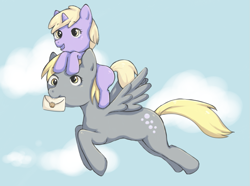 Size: 1051x782 | Tagged: safe, artist:risuchan, derpy hooves, dinky hooves, pegasus, pony, equestria's best mother, female, flying, letter, mare, mouth hold