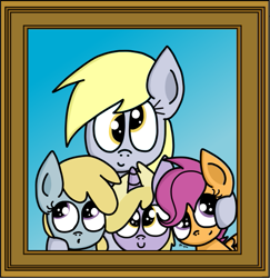 Size: 505x519 | Tagged: safe, artist:graciegirl328, chirpy hooves, derpy hooves, dinky hooves, scootaloo, pegasus, pony, cute, equestria's best mother, family photo, female, mare, smiling