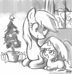 Size: 833x862 | Tagged: safe, artist:johnjoseco, derpy hooves, dinky hooves, princess luna, alicorn, pegasus, pony, christmas, christmas tree, creepy, equestria's best mother, female, grayscale, mare, monochrome, tree