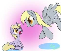 Size: 1500x1250 | Tagged: safe, artist:malwinters, derpy hooves, dinky hooves, pegasus, pony, unicorn, :d, colored pupils, cute, dinkabetes, equestria's best mother, eye contact, female, filly, flying, gradient background, happy, looking at each other, mare, newbie artist training grounds, pink background, shadow, simple background, sitting, smiling, spread wings, wings