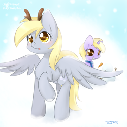 Size: 2000x2000 | Tagged: safe, artist:mrsremi, derpy hooves, dinky hooves, pegasus, pony, unicorn, clothes, equestria's best mother, scarf, snow, snowfall