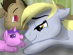 Size: 1024x768 | Tagged: safe, artist:yue-luv-art, amethyst star, derpy hooves, doctor whooves, sparkler, pony, baby, baby pony, cute, equestria's best mother, equestria's other best daughter, sleeping