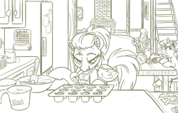 Size: 1908x1212 | Tagged: safe, artist:prismspark, derpy hooves, dinky hooves, pegasus, pony, alternate hairstyle, baking, equestria's best mother, female, mare, monochrome, mouth hold, muffin