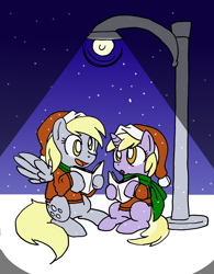 Size: 1556x2000 | Tagged: safe, artist:blayaden, derpy hooves, dinky hooves, pegasus, pony, caroling, clothes, equestria's best mother, female, hat, lamppost, mare, santa hat, scarf, singing, sitting, sweater