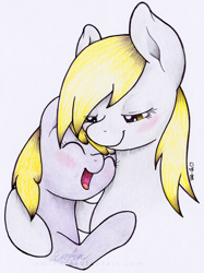 Size: 400x536 | Tagged: safe, artist:emfen, derpy hooves, dinky hooves, pegasus, pony, equestria's best mother, female, hug, mare, simple background, traditional art