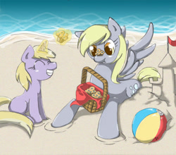 Size: 1000x880 | Tagged: safe, artist:radioactive-k, derpy hooves, dinky hooves, pegasus, pony, unicorn, beach, cute, derpabetes, dinkabetes, equestria's best mother, female, filly, food, mare, mother and child, mother and daughter, muffin, parent and child