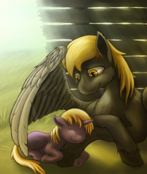 Size: 1024x1210 | Tagged: safe, artist:fatninjah, derpy hooves, dinky hooves, pegasus, pony, crepuscular rays, equestria's best mother, female, leg hug, mare, prone, sleeping, unshorn fetlocks