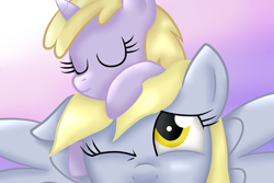 Size: 2100x1400 | Tagged: safe, artist:melasine, derpy hooves, dinky hooves, equestria's best daughter, equestria's best mother, filly, foal, sleeping