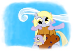 Size: 1425x1005 | Tagged: safe, artist:therecliner27, derpy hooves, dinky hooves, pegasus, pony, equestria's best mother, female, food, giggling, mare, mother and child, mother and daughter, muffin, parent and child, sky