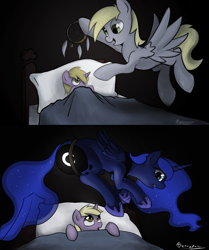 Size: 1024x1227 | Tagged: safe, artist:tetrapony, derpy hooves, dinky hooves, princess luna, alicorn, pegasus, pony, unicorn, bed, caught, dream walker luna, dreamcatcher, dreamcaught luna, equestria's best mother, female, filly, food, mare, moonbutt, muffin, oops my bad, plot, signature, stuck, the ass was fat, the ass was too fat, trapped
