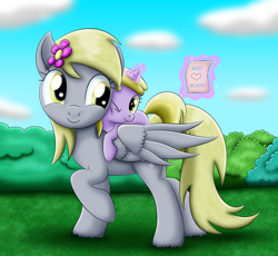 Size: 2656x2446 | Tagged: safe, artist:lifesharbinger, derpy hooves, dinky hooves, pegasus, pony, unicorn, equestria's best daughter, equestria's best mother, female, filly, flower, flower in hair, headcanon, magic, mare, note, one eye closed, ponies riding ponies, raised hoof, smiling, telekinesis, wink