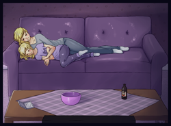 Size: 1450x1068 | Tagged: safe, artist:missangest, derpy hooves, dinky hooves, human, bottle, bowl, clothes, cuddling, drink, equestria's best mother, humanized, missing shoes, sleeping, snuggling, socks, sofa, table, tablecloth