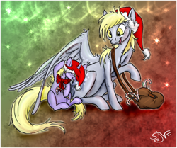 Size: 604x504 | Tagged: safe, derpy hooves, dinky hooves, pegasus, pony, candy cane, equestria's best mother, female, hat, mare, santa hat