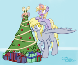 Size: 1280x1065 | Tagged: safe, artist:manicpanda, derpy hooves, dinky hooves, pegasus, pony, ask derpy hooves, christmas, christmas tree, equestria's best mother, female, mare, tree, underp