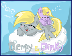 Size: 1000x784 | Tagged: safe, artist:ravenevert, derpy hooves, dinky hooves, pegasus, pony, cloud, equestria's best mother, female, mare, offspring, sleeping, zzz