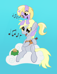 Size: 2087x2678 | Tagged: safe, artist:hushnowquietnow, derpy hooves, dinky hooves, pegasus, pony, cloud, equestria's best mother, female, mare, muffin, saddle bag, singing, ukulele