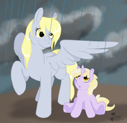 Size: 900x866 | Tagged: safe, artist:rottingroot, derpy hooves, dinky hooves, pegasus, pony, equestria's best mother, female, mare, rain