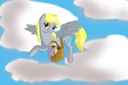 Size: 1800x1200 | Tagged: safe, artist:lauren-awesomesauce, derpy hooves, dinky hooves, equestria's best mother, filly, flying, mailbag