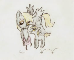 Size: 2415x1963 | Tagged: safe, artist:kriahfox, derpy hooves, dinky hooves, pegasus, pony, cute, derpabetes, dinkabetes, equestria's best daughter, equestria's best mother, female, flying, mare, pronking, traditional art