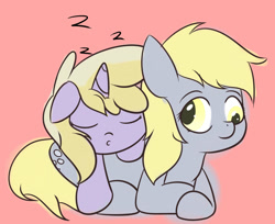 Size: 1161x948 | Tagged: safe, artist:kimmychan1, derpy hooves, dinky hooves, pegasus, pony, cuddling, cute, equestria's best mother, eyes closed, female, mare, on top, prone, sleeping, smiling, snuggling, zzz