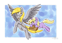 Size: 1280x896 | Tagged: safe, artist:violyre, derpy hooves, dinky hooves, pegasus, pony, equestria's best mother, female, flying, holding, mare, satchel, simple background, transparent background