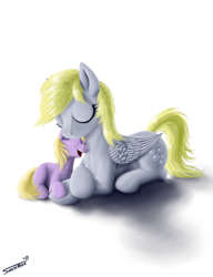 Size: 2000x2600 | Tagged: safe, artist:sa1ntmax, derpy hooves, dinky hooves, pegasus, pony, cute, equestria's best daughter, equestria's best mother, eyes closed, female, mare, prone