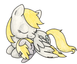 Size: 600x501 | Tagged: safe, artist:emfen, derpy hooves, dinky hooves, pegasus, pony, equestria's best mother, female, hug, mare, simple background, sleeping, traditional art, winghug