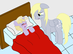 Size: 1483x1109 | Tagged: safe, artist:jake heritagu, derpy hooves, dinky hooves, pegasus, pony, bed, blanket, crying, equestria's best mother, female, fever, hospital, mare, pillow, sad, sick, sweat