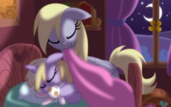 Size: 2625x1641 | Tagged: safe, artist:equestria-prevails, derpy hooves, dinky hooves, pegasus, pony, unicorn, bed, blanket, equestria's best mother, eyes closed, featured image, female, filly, floppy ears, happy, mare, moon, moonlight, mother and child, mother and daughter, mouth hold, night, parent and child, plushie, sleeping, stars
