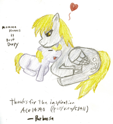 Size: 1440x1578 | Tagged: safe, artist:barbossa, derpy hooves, dinky hooves, pegasus, pony, unicorn, duo, equestria's best mother, female, filly, heart, mare, mother and child, mother and daughter, nuzzling, parent and child, prone, traditional art