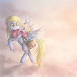 Size: 1000x1000 | Tagged: safe, artist:felynea, derpy hooves, dinky hooves, pegasus, pony, bag, clothes, duo, equestria's best mother, female, flying, mare, mother and child, mother and daughter, parent and child, ponies riding ponies, riding, scarf