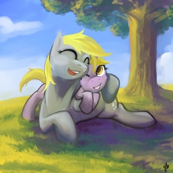 Size: 648x648 | Tagged: safe, artist:hobbes-maxwell, derpy hooves, dinky hooves, pegasus, pony, equestria's best mother, female, happy, hug, mare, smiling, tree