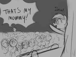 Size: 900x675 | Tagged: safe, artist:egophiliac, derpy hooves, dinky hooves, pegasus, pony, hearth's warming eve (episode), audience, crowd, dialogue, equestria's best mother, female, grayscale, hearth's warming eve, mare, monochrome, sketch, speech bubble, waving