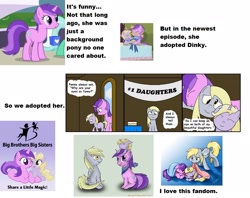 Size: 1525x1210 | Tagged: safe, artist:fineartobserver, edit, edited screencap, screencap, amethyst star, derpy hooves, dinky hooves, lyra heartstrings, sparkler, friendship is magic, sisterhooves social, awwmethyst star, cute, derpabetes, dinkabetes, equestria's best daughter, equestria's best mother, equestria's other best daughter, headcanon, meta, sisterly sparkler, text