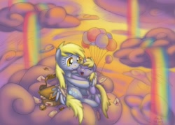 Size: 2116x1512 | Tagged: safe, artist:cazra, derpy hooves, dinky hooves, pegasus, pony, balloon, cloud, cloudy, crying, equestria's best daughter, equestria's best mother, female, flying, heartwarming, hug, letter, mail, mailbag, mare, muffin, rainbow, tears of joy