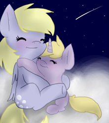 Size: 643x727 | Tagged: safe, artist:lililuna1234, derpy hooves, dinky hooves, pegasus, pony, cloud, cloudy, cute, equestria's best mother, female, happy, hug, mare, night, shooting star, smiling