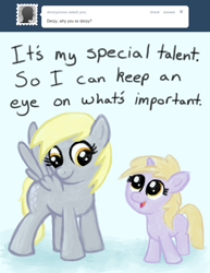 Size: 770x1000 | Tagged: safe, derpy hooves, dinky hooves, pegasus, pony, ask, ask a mailmare, equestria's best mother, female, mare, mother and child, mother and daughter, parent and child, tumblr