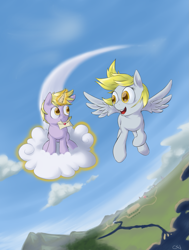 Size: 1325x1753 | Tagged: safe, artist:yeendip, derpy hooves, dinky hooves, pegasus, pony, cloud, cloudy, equestria's best mother, female, flying, kinto-un, magic, mail, mare, mouth hold