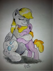 Size: 500x669 | Tagged: safe, artist:queridoor, derpy hooves, dinky hooves, pegasus, pony, equestria's best mother, female, hug, mare, traditional art